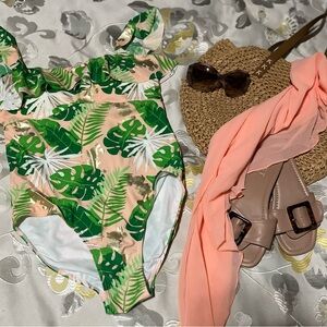 Disney Mickey Mouse Tropical One Piece Swimsuit and Peach sarong  cover up.
